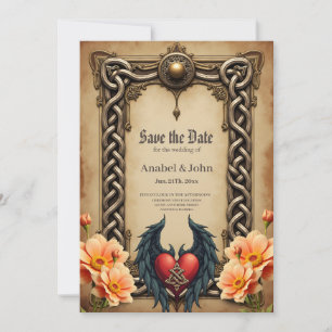 Save The Date Elégance celtique avec coeur et ailes.