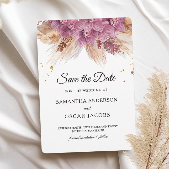 Save The Date Élégance Moderne Beauté Orchidée Rose & Pampas & O (Créateur téléchargé)
