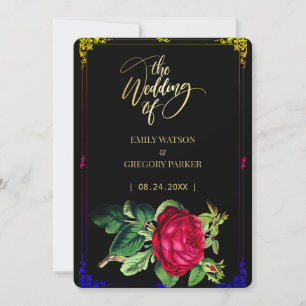 Save The Date Élégance noire et or pure , roses rouges