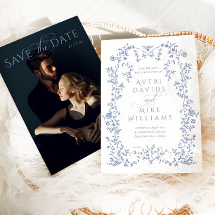 Save The Date Élégance Vintage Fleurs Bleu Poussiéreux Cadre Mar