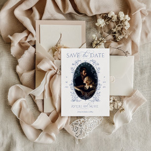 Save The Date Élégance Vintage Fleurs Bleues Photo Mariage