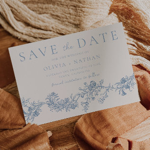 Save The Date Élégance Vintage : Mariage Floral Bleu Classique