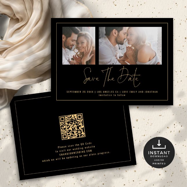 Save The Date Élégant 2 Photos Gold Black Mariage (Front and back view)