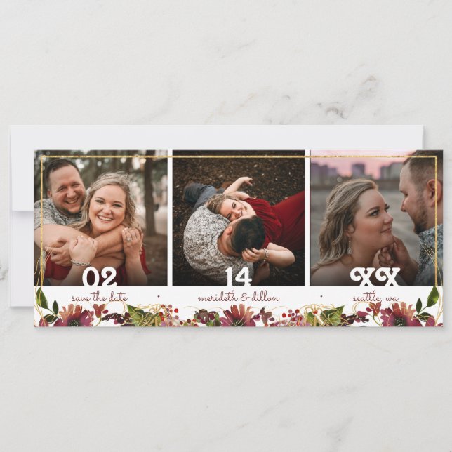 Save The Date Elégant 3 Photo Burgundy Gold Aquarelle Floral (Devant)