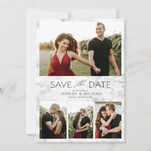 Save The Date Elégant 4 Photo Marbre Marine Mariage bleu