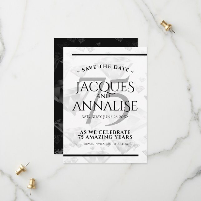 Save The Date Élégant 75e anniversaire de Mariage de diamant (Devant/Arrière en situation)