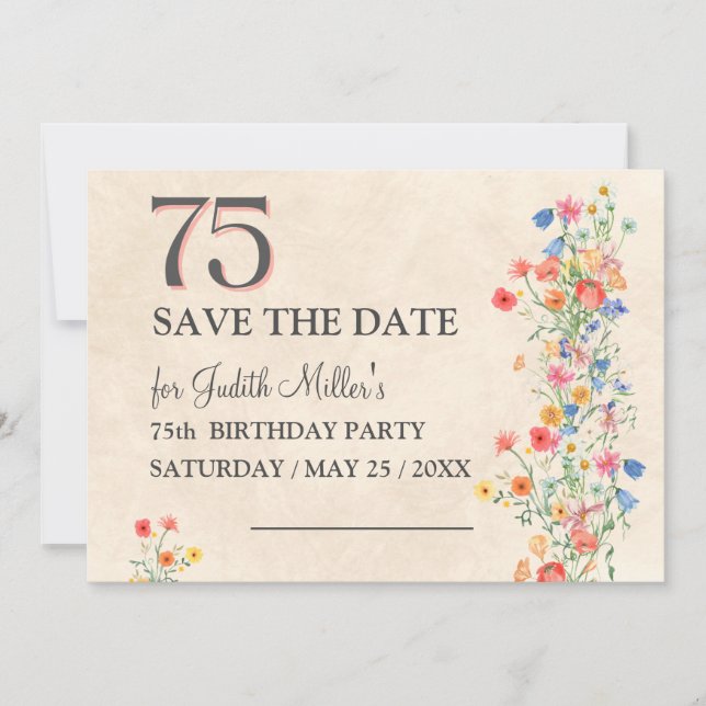 Save The Date Elégant 75ème anniversaire - Design Fleur sauvage (Devant)