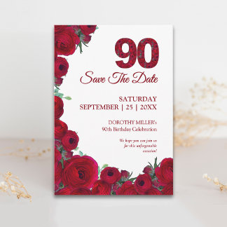 Save The Date Élégant 90e anniversaire Bold 90 Fleurs rouges fl