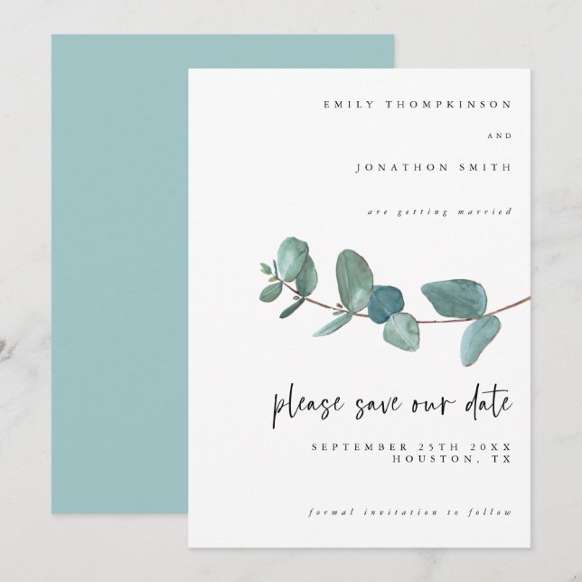 Save The Date Elégant Aquarelle Bleu Eucalyptus Mariage Script (Devant / Derrière)