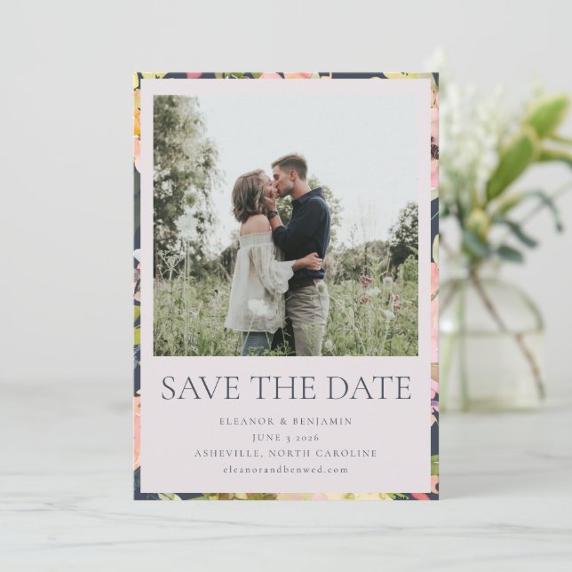 Save The Date Elégant Aquarelle de marine rose Floral Custom Wed (Debout devant)