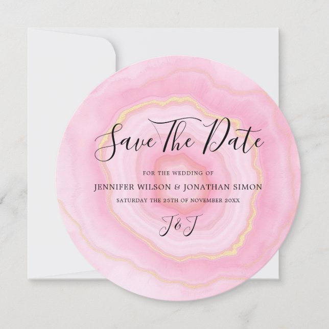 Save The Date Elégant aquarelle décolorée Or Rose Agate (Devant)