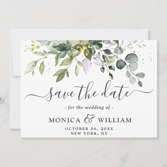 Save The Date Elégant Aquarelle Eucalyptus Mariage Floral (Devant)