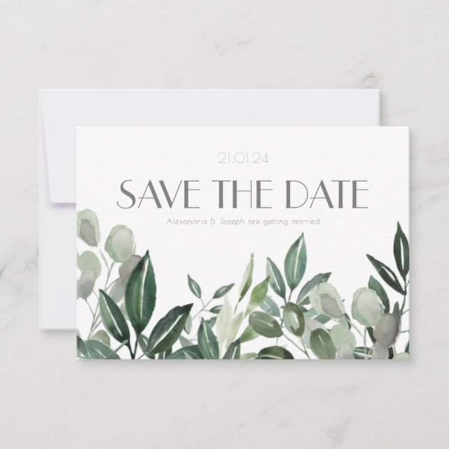 Save The Date Elégant aquarelle feuille botanique chasseur vert  (Devant)