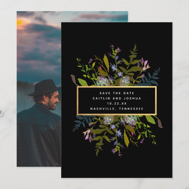 Save The Date Elégant aquarelle Floral Black Arrière - plan Phot (Devant / Derrière)