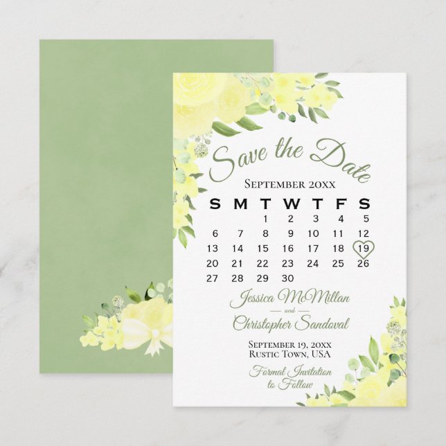 Save The Date Elégant Aquarelle Jaune Calendrier Mariage Floral (Devant / Derrière)