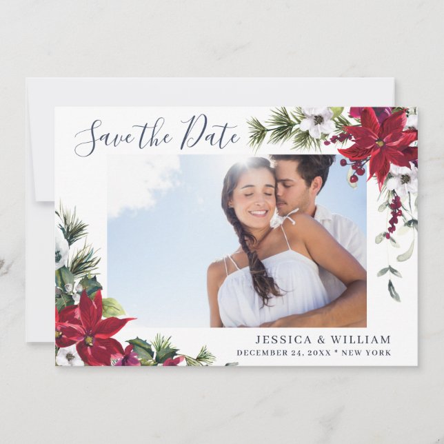 Save The Date Elégant Aquarelle Poinsettia Mariage PHOTO Pine (Devant)