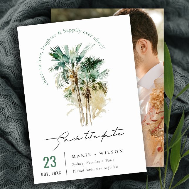 Save The Date Elégant Aquarelle Tropicale Palm Tree Script Photo (Créateur téléchargé)