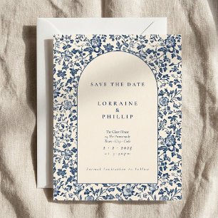Save The Date Elégant arc fleuri bleu et crème style vintage