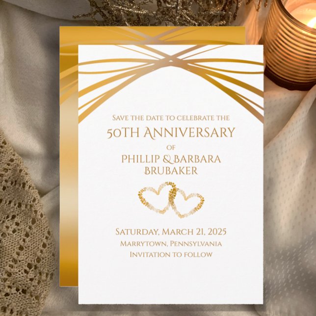Save The Date Elégant Arc Golden 50e anniversaire Enregistrer la (Custom Unique Elegant Save the Date Card for Golden 50th Wedding Anniversary Party Hearts Invitation)