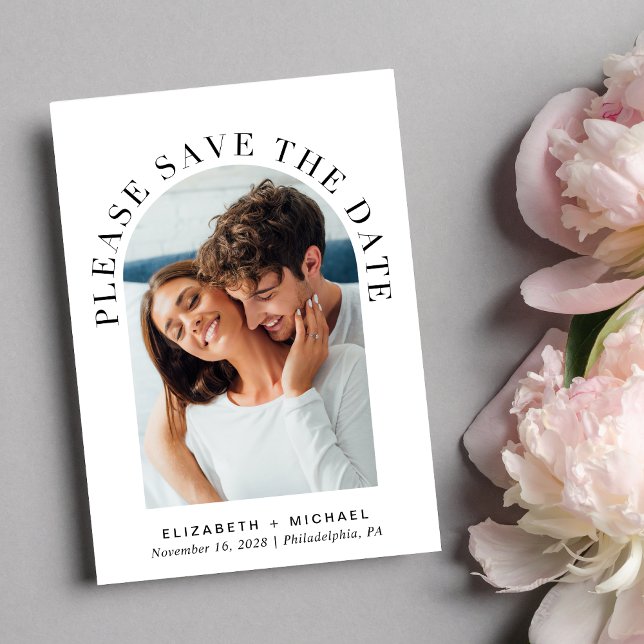 Save The Date Elégant Arc Photo Code QR (Celebrate your love story with a save the date showcasing your photo in an elegant arch frame)