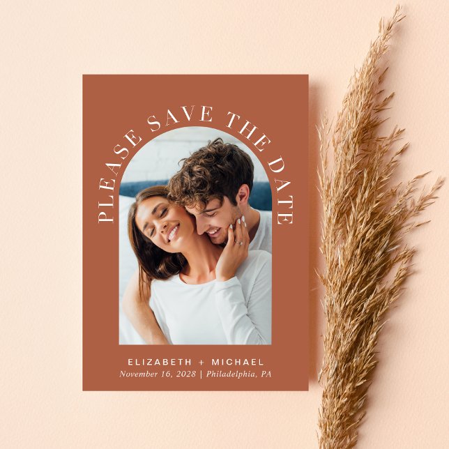 Save The Date Elégant Arc Photo QR Code Mariage en terre cuite (Celebrate your love story with a   save the date showcasing your photo in an elegant arch frame)