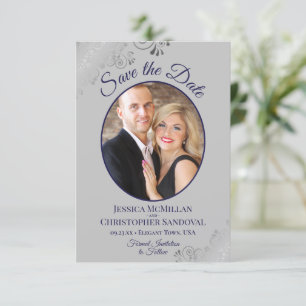 Save The Date Elégant argent et bleu marine sur gris Mariage pho