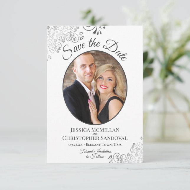 Save The Date Elégant argent et gris sur blanc Mariage photo ova (Debout devant)