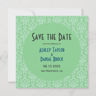 Save The Date Elégant Art Déco Vert Damas Formel Mariage Rond