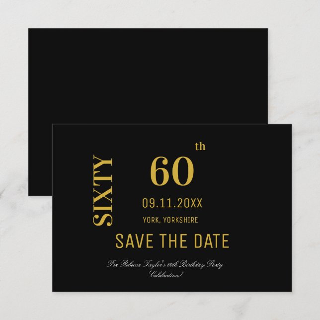 Save The Date Elégant Black and Gold 60e anniversaire (Devant / Derrière)