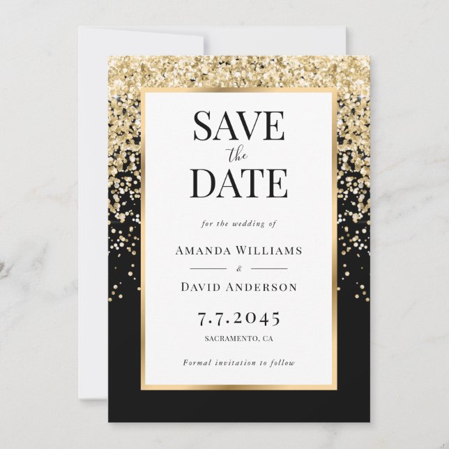 Save The Date Elegant Black and Gold Confetti Wedding (Devant)