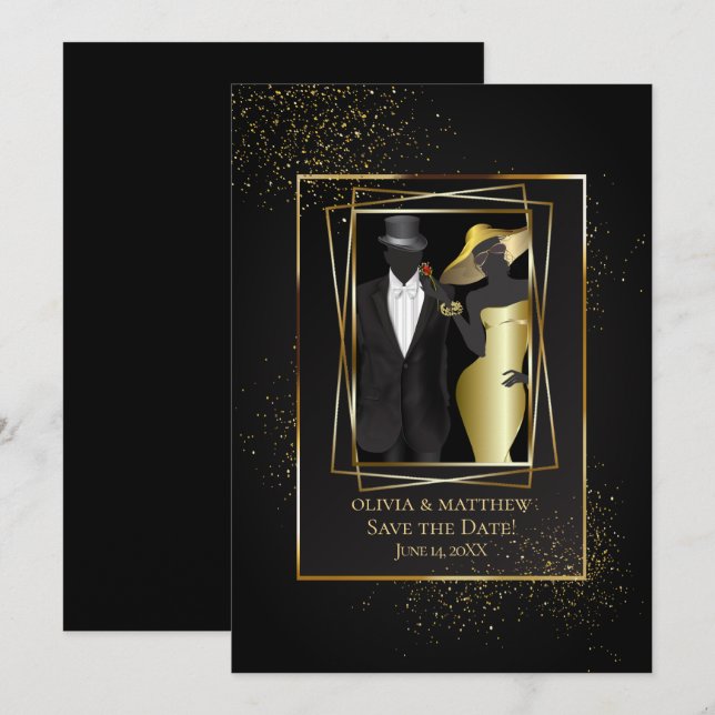 Save the Date | Elegant Black and Gold Glitter Invitation (Front/Back)