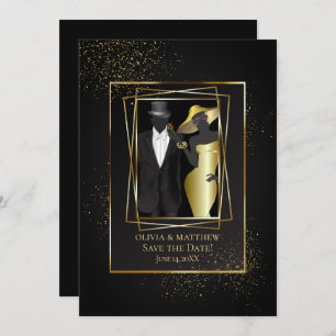 Save the Date   Elegant Black and Gold Glitter Invitation