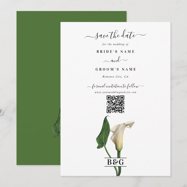 Save The Date Elégant blanc Calla Lily Vert Mariage botanique (Devant / Derrière)