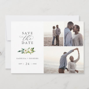 Save The Date Élégant Blanc Floral 3 Photo Collage Enregistrer L