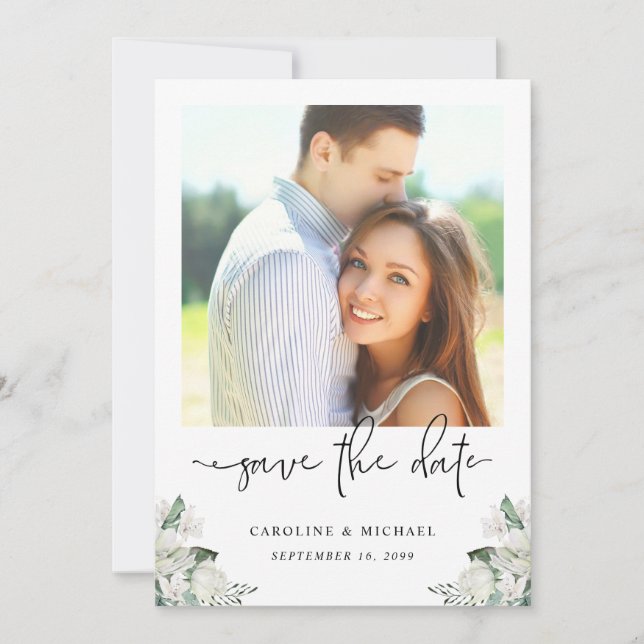 Save The Date Elégant blanc Floral Eucalyptus Mariage de verdure (Devant)