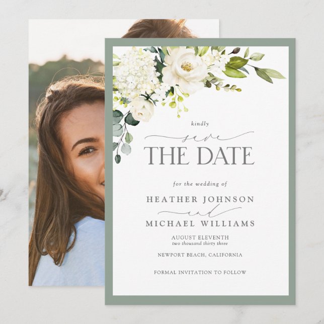 Save The Date Elégant blanc gris vert Aquarelle Mariage photo (Devant / Derrière)