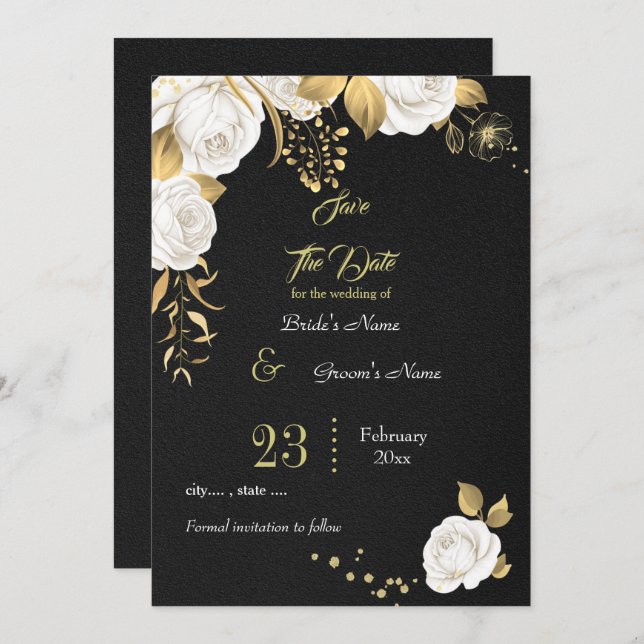 Save The Date élégant blanc or floral noir (Devant / Derrière)