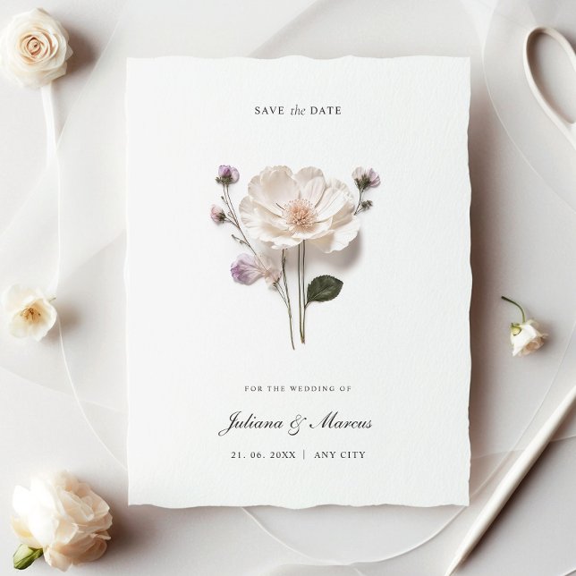 Save The Date Élégant blanc Pressé Fleur Chic (Créateur téléchargé)