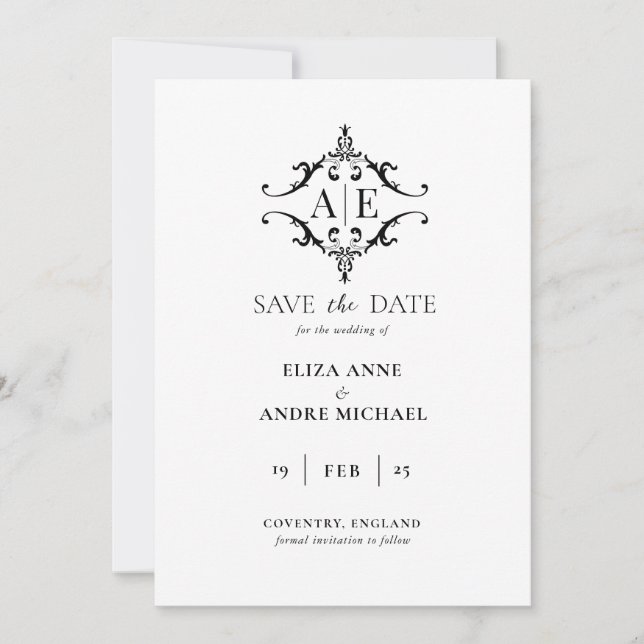 Save The Date Élégant blason de monogramme de mariage noir et bl (Devant)