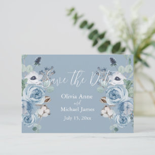 Save The Date Élégant Bleu & Blanc Floral Script Enregistrer La
