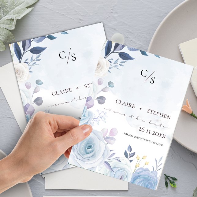 Save The Date Elégant bleu Dusty FLoral Aquarelle Mariage (Créateur téléchargé)