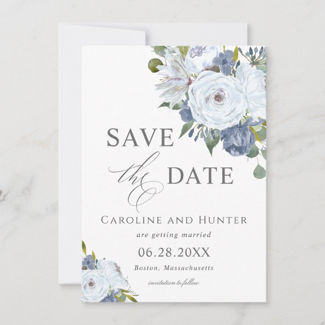 Save The Date Elégant bleu et blanc floral Enregistrer la date (Devant)
