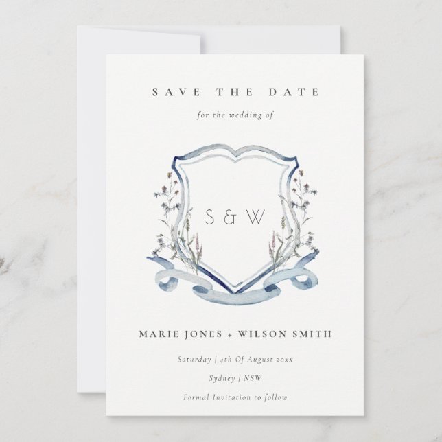 Save The Date Elégant bleu Fleur sauvage Aquarelle Monogram Cres (Devant)