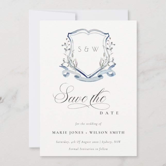 Save The Date Elégant bleu Fleur sauvage Aquarelle Monogram Cres (Devant)