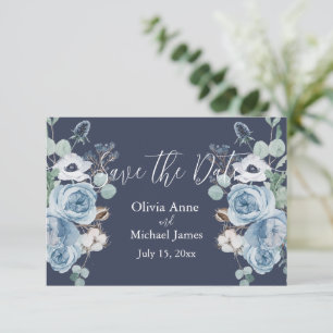 Save The Date Élégant bleu foncé et blanc à motif floral et écri