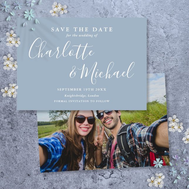 Save The Date Elégant bleu foncé signature script photo (Elegant Dusty Blue Signature Script Photo Save The Date)