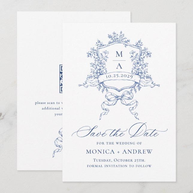 Save The Date Elégant bleu français Jardin Fleurs Mariage code Q (Devant / Derrière)