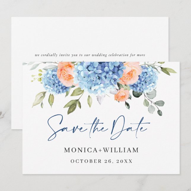 Save The Date Elégant bleu Hydrangea Blush Rose Floral Mariage (Devant / Derrière)