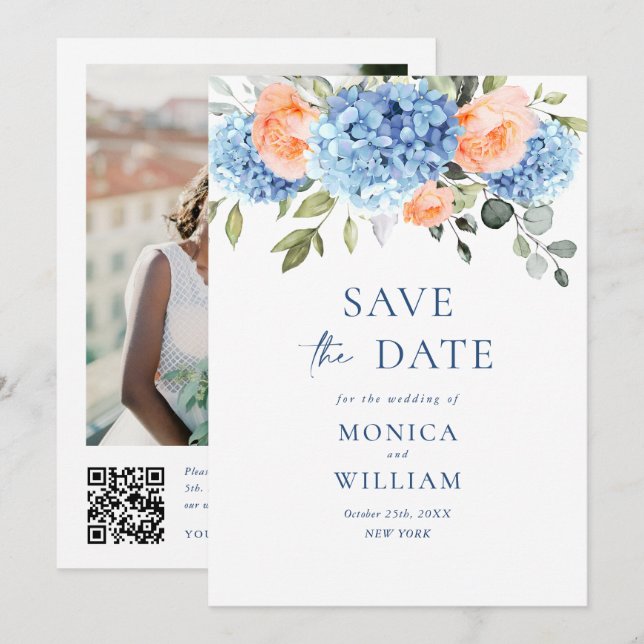 Save The Date Elégant bleu Hydrangea Blush Rose Floral Mariage (Devant / Derrière)