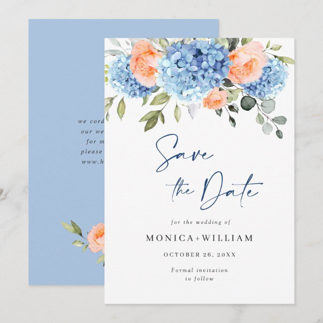 Save The Date Elégant bleu Hydrangea Blush Rose Floral Mariage (Devant / Derrière)